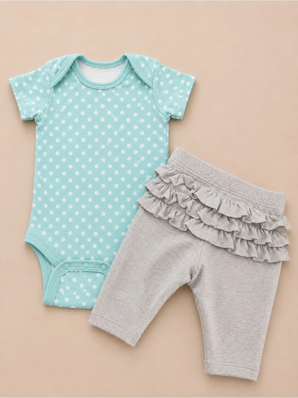 Gerber & Eddie Bauer Set W/ Polkadot Onesie & Gray Ruffled Pants - 0-3M